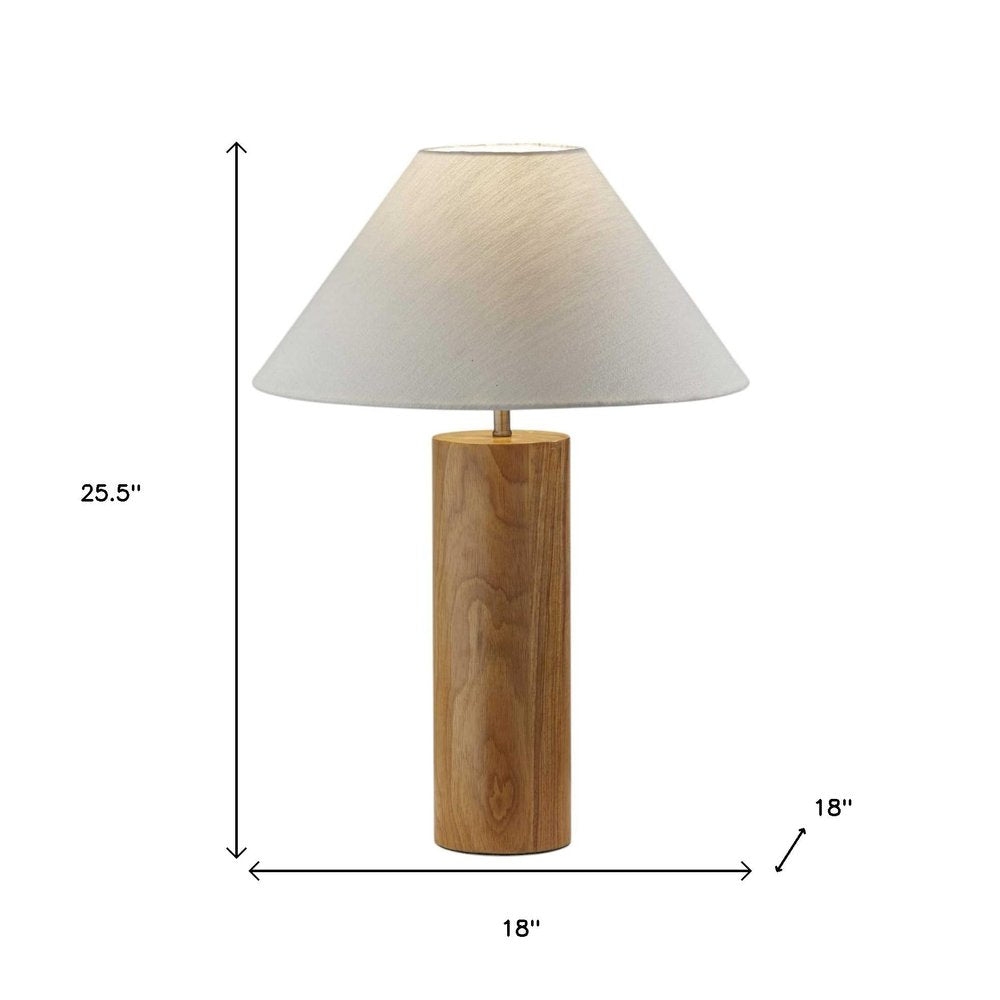 26" Natural Solid Wood Cylinder Table Lamp With White Cone Shade. Table lamp isolated on a plain white background, in a white wood finish.