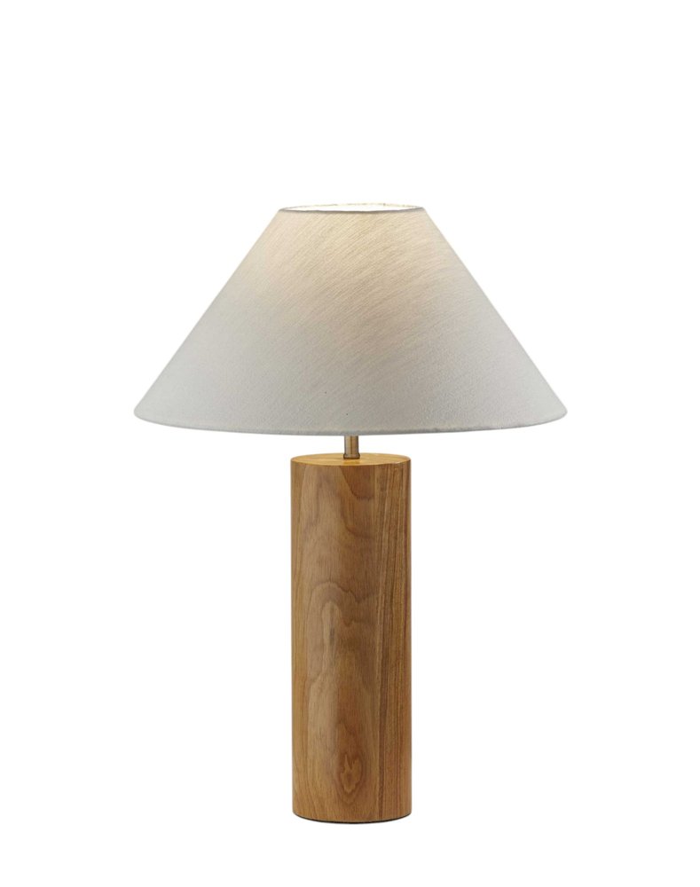 26" Natural Solid Wood Cylinder Table Lamp With White Cone Shade. Table lamp isolated on a plain white background, showing a white wood surface.