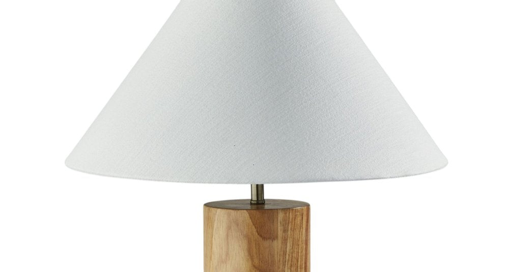 26" Natural Solid Wood Cylinder Table Lamp With White Cone Shade. Table lamp isolated on a plain white background, in a white wood finish.