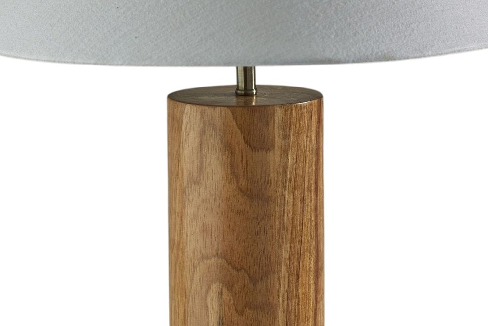 26" Natural Solid Wood Cylinder Table Lamp With White Cone Shade. Table lamp isolated on a plain white background, showing a wood surface.