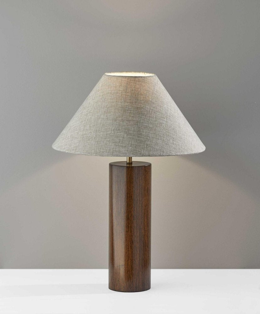 26" Natural Solid Wood Cylinder Table Lamp With White Cone Shade close-up highlighting the tan wood surface.
