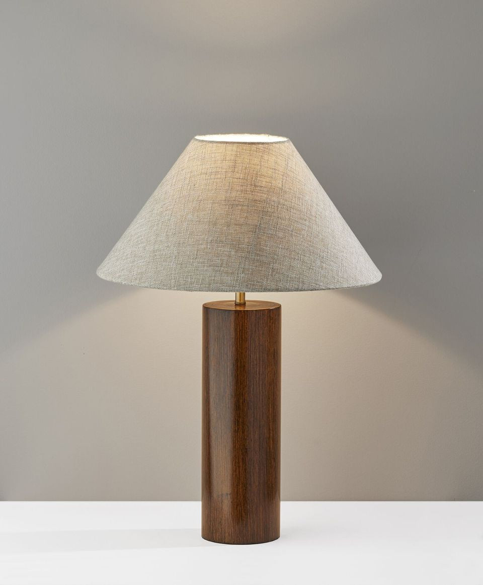 26" Natural Solid Wood Cylinder Table Lamp With White Cone Shade close-up highlighting the tan wood surface.