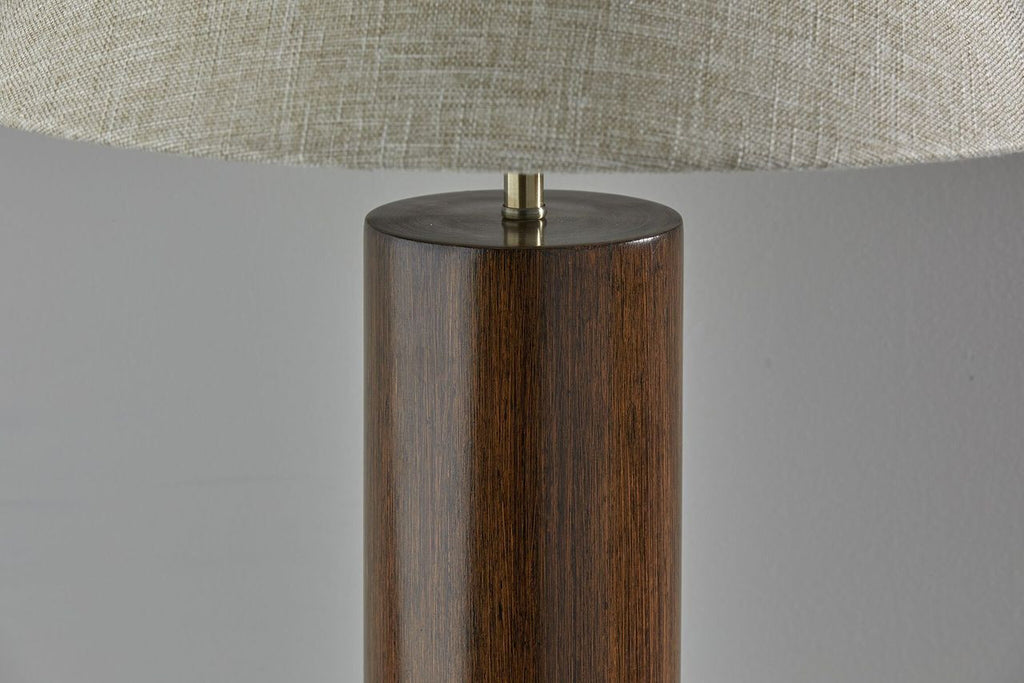Close-up of 26" Natural Solid Wood Cylinder Table Lamp With White Cone Shade showing the wood texture.