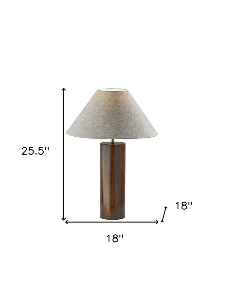26" Natural Solid Wood Cylinder Table Lamp With White Cone Shade. Table lamp isolated on a plain white background, showing a wood surface.