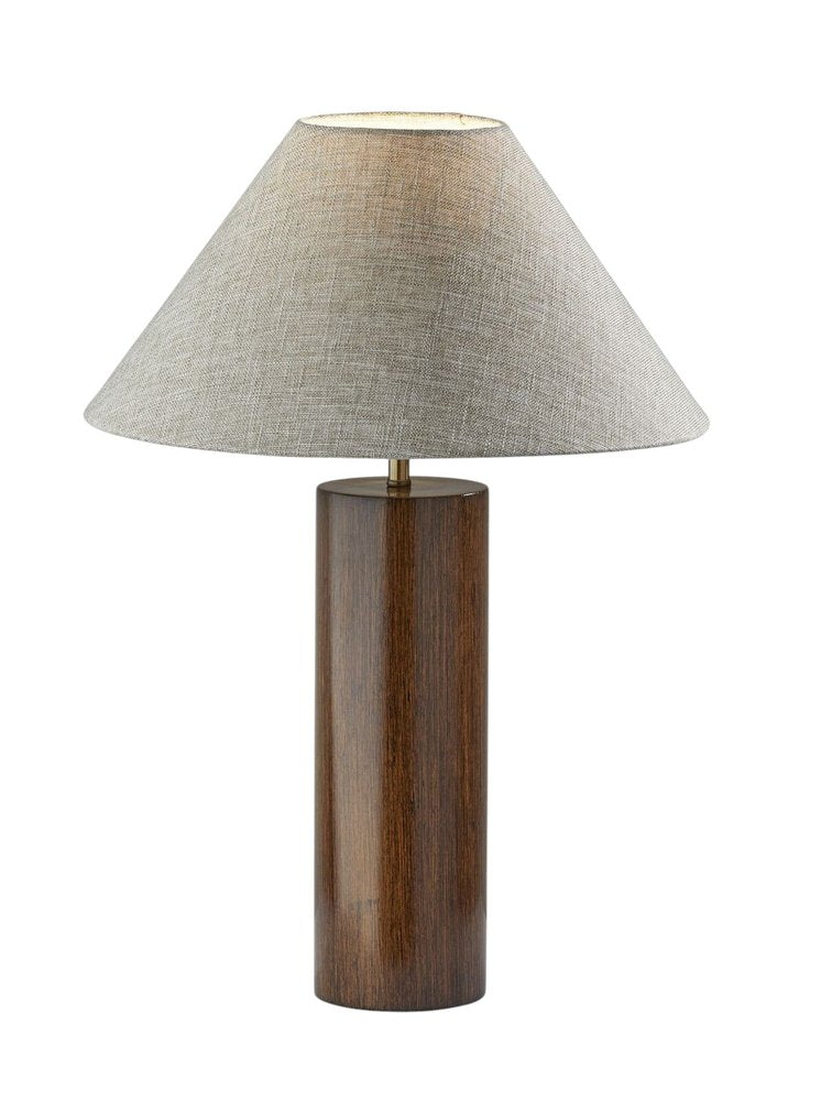 26" Natural Solid Wood Cylinder Table Lamp With White Cone Shade. Table lamp isolated on a plain white background, finished in tan wood.