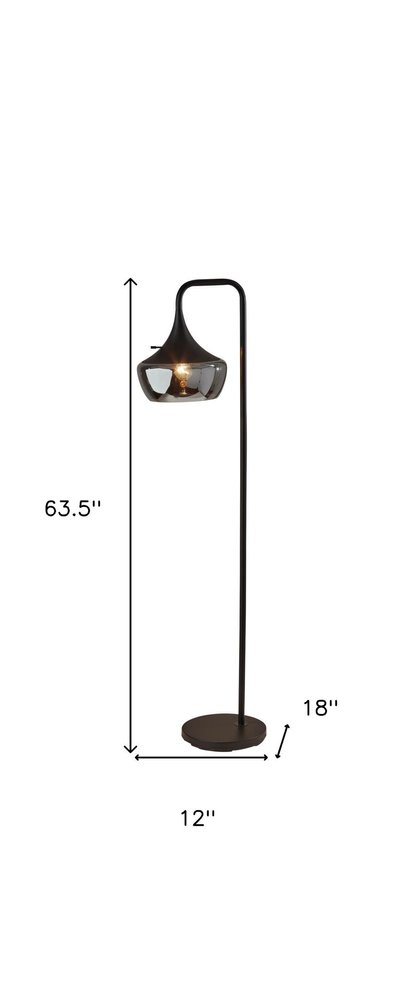 64" Black Task Floor Lamp With Black Glass Bowl Shade. Floor lamp isolated on a plain white background, showing a glass surface.