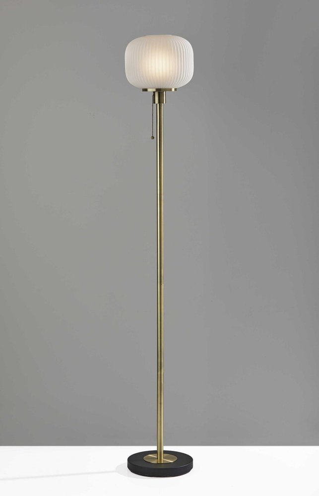 65" Brass Torchiere Floor Lamp With White Acrylic Globe Shade