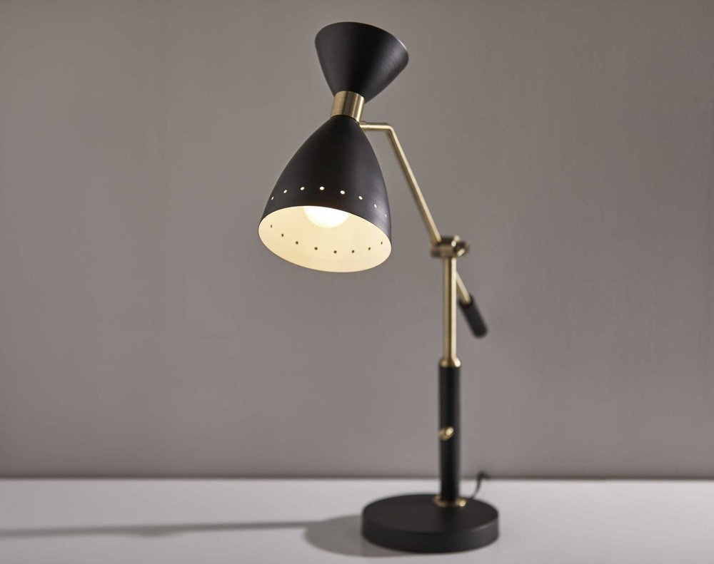 32" Black And Gold Metal Desk Lamp With Cinched Cone Shade. Lamp in black metal.