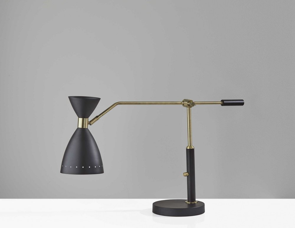 32" Black And Gold Metal Desk Lamp With Cinched Cone Shade detail shot of the black metal finish.