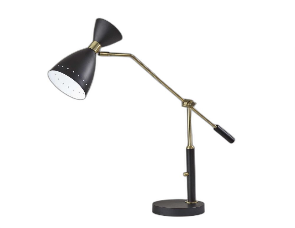 32" Black And Gold Metal Desk Lamp With Cinched Cone Shade. Lamp isolated on a plain white background, in a black metal finish.