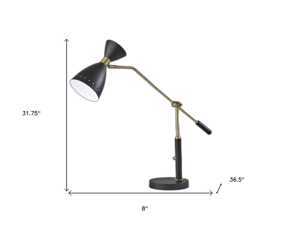 32" Black And Gold Metal Desk Lamp With Cinched Cone Shade. Lamp isolated on a plain white background, finished in black metal.