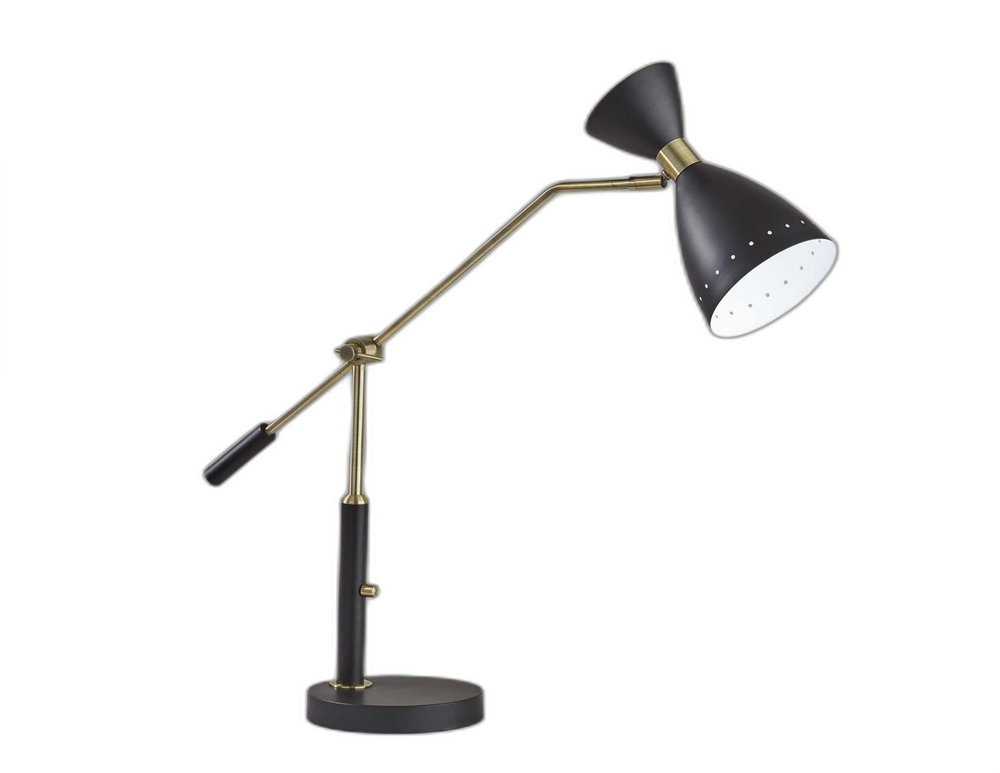 32" Black And Gold Metal Desk Lamp With Cinched Cone Shade. Lamp isolated on a plain white background, in a black metal finish.