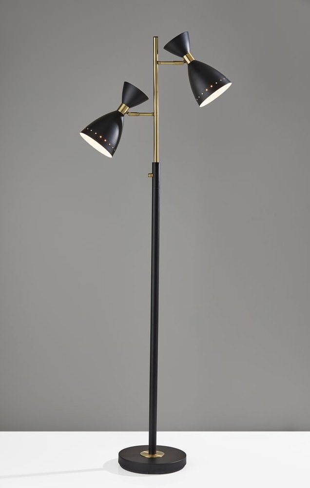 Detail view of 68" Black And Gold Metal Two Light Task Floor Lamp With Black Metal Cone Shade, filling the frame with the black metal texture.