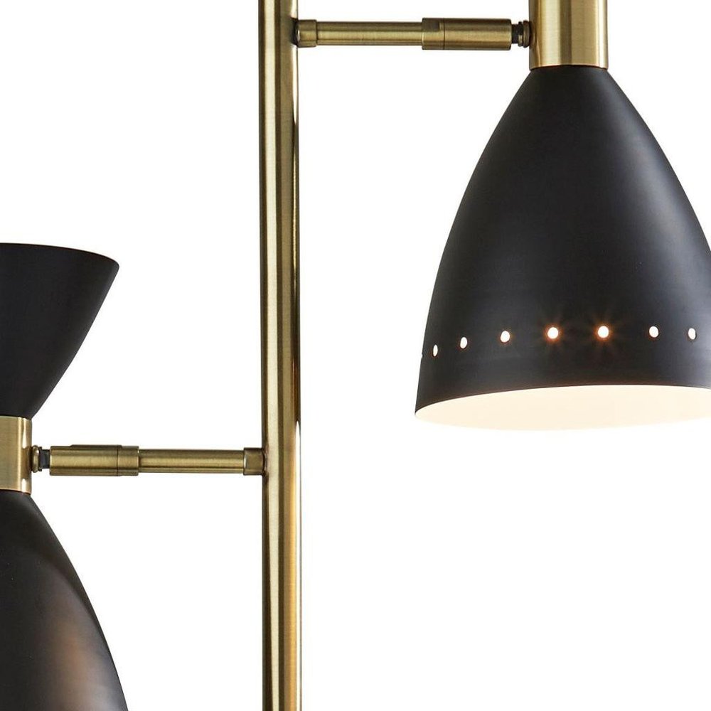 68" Black And Gold Metal Two Light Task Floor Lamp With Black Metal Cone Shade. Floor lamp isolated on a plain white background, finished in black metal.