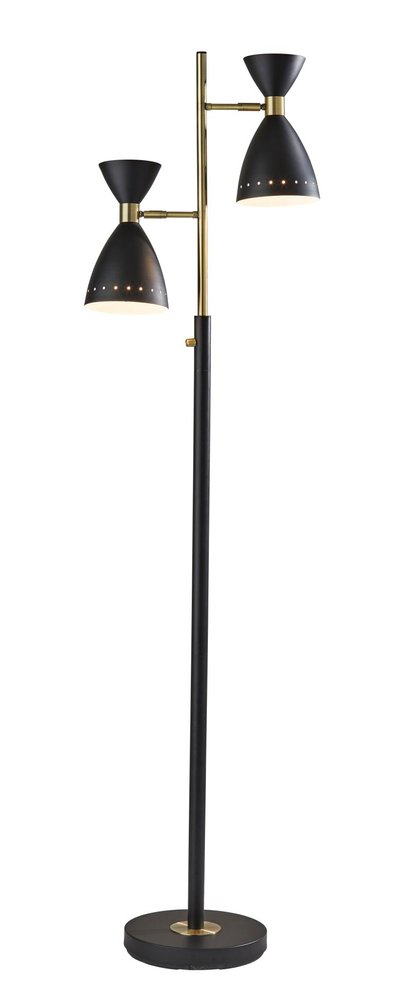 68" Black And Gold Metal Two Light Task Floor Lamp With Black Metal Cone Shade. Floor lamp isolated on a plain white background, finished in black metal.