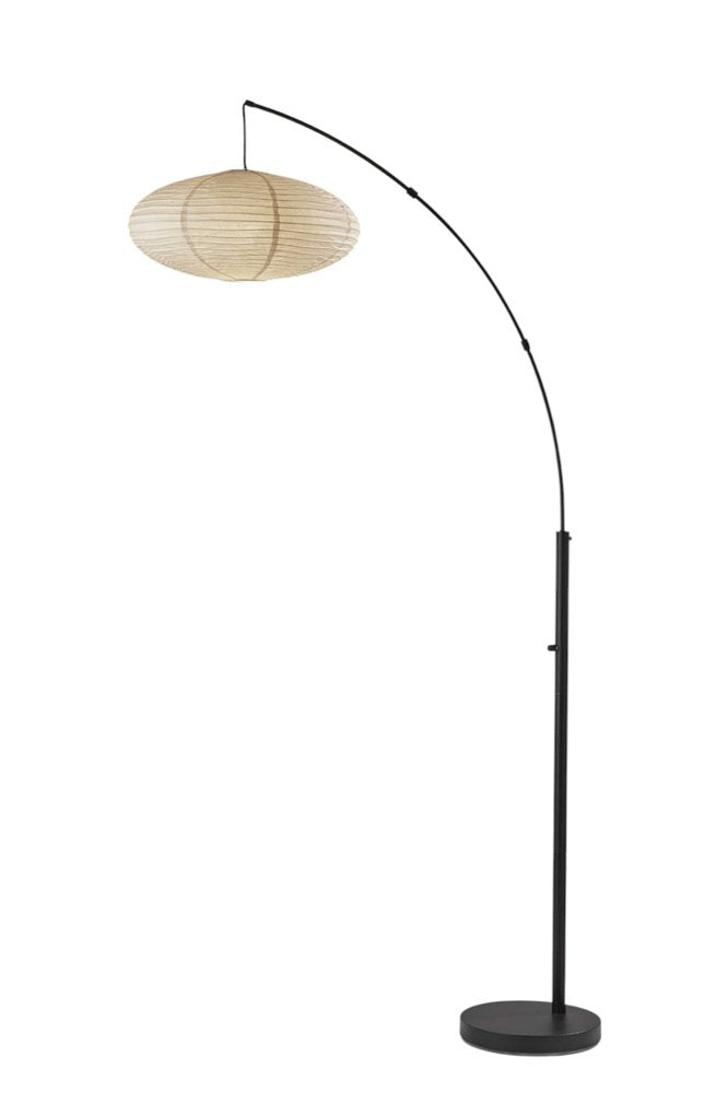 80" Beige And Black Arc Floor Lamp With Beige Paper Globe Shade on a white background