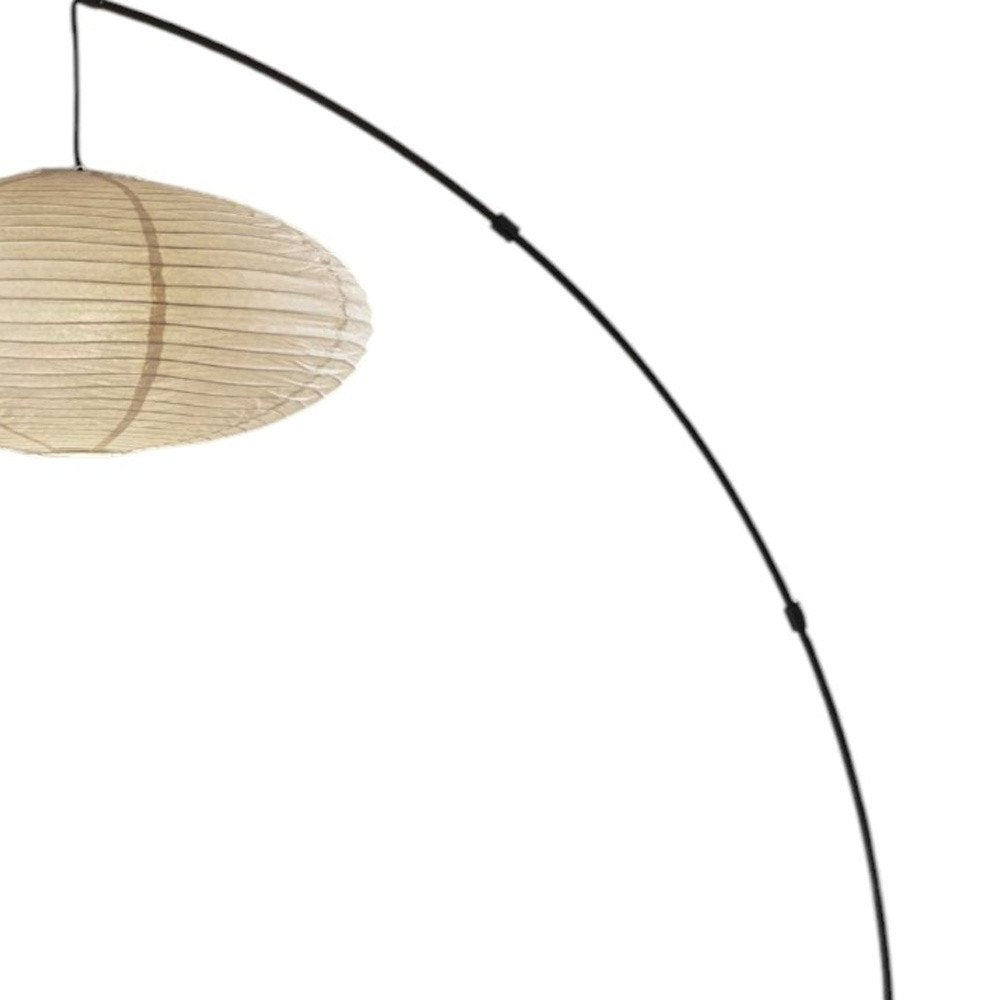 80" Beige And Black Arc Floor Lamp With Beige Paper Globe Shade on a white background