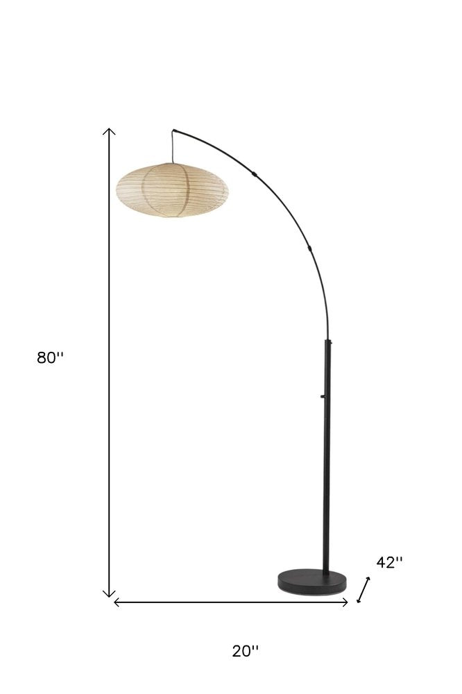 80" Beige And Black Arc Floor Lamp With Beige Paper Globe Shade on a white background