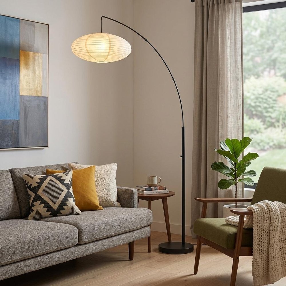 80" Beige And Black Arc Floor Lamp With Beige Paper Globe Shade in a home interior