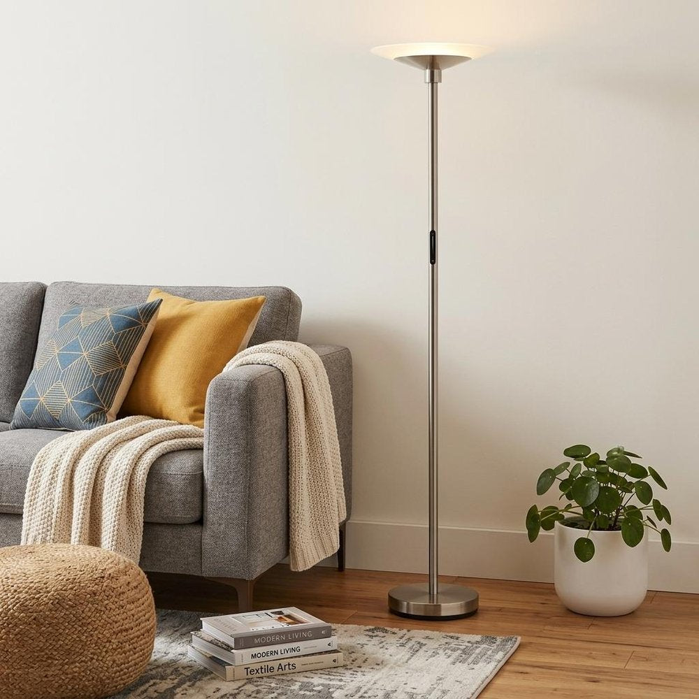 71" Silver LED Torchiere Floor Lamp With White Glass Cone Shade