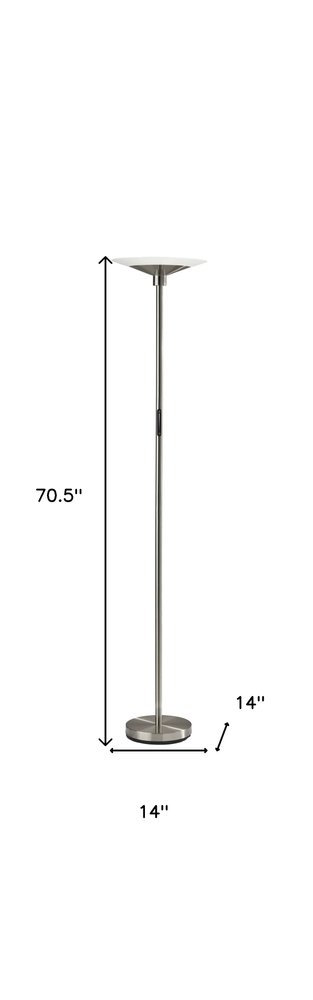 71" Silver LED Torchiere Floor Lamp With White Glass Cone Shade