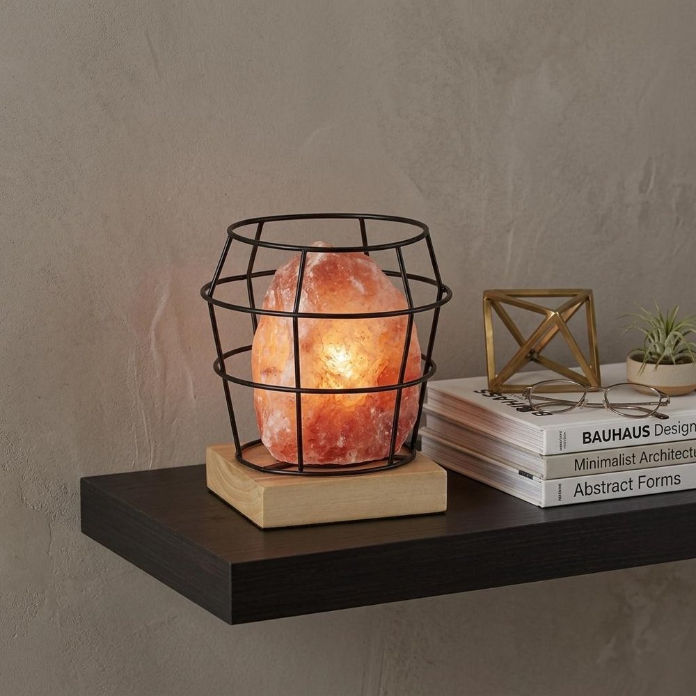 8" Himalayan Salt Accent Lamp With Black Cage Shade