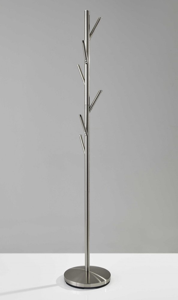 67" Brushed Steel Coat Tree Rack close-up highlighting the silver metal surface.