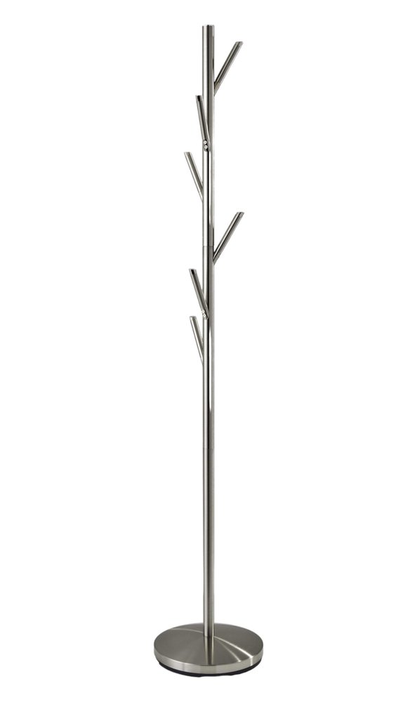 67" Brushed Steel Coat Tree Rack. Coat hanger isolated on a plain white background, finished in silver metal.