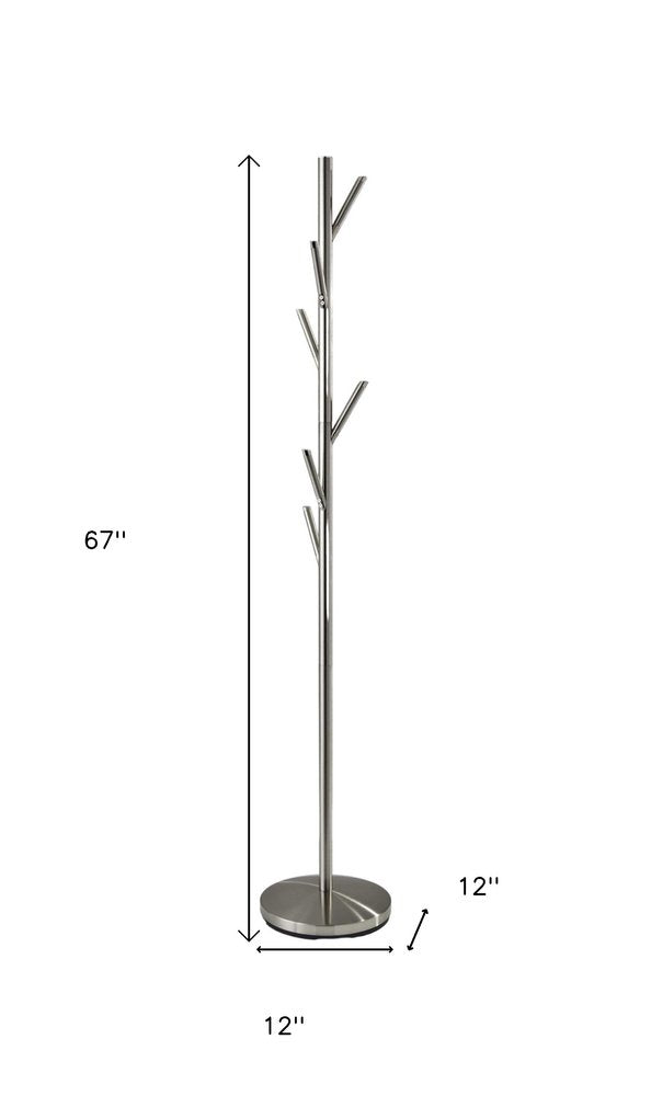 67" Brushed Steel Coat Tree Rack. Coat hanger isolated on a plain white background, showing a silver metal surface.