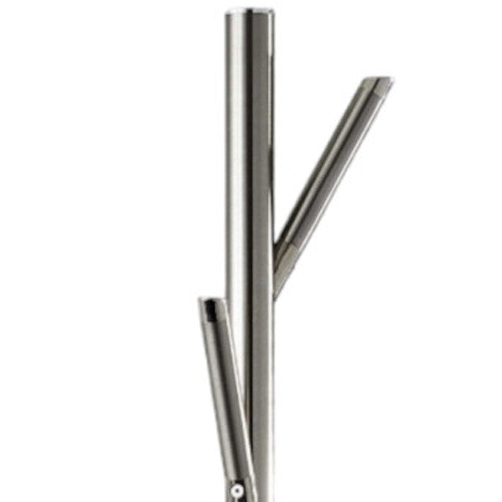 67" Brushed Steel Coat Tree Rack. Coat hanger isolated on a plain white background, finished in silver metal.
