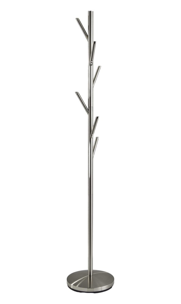 67" Brushed Steel Coat Tree Rack. Coat hanger isolated on a plain white background, showing a silver metal surface.