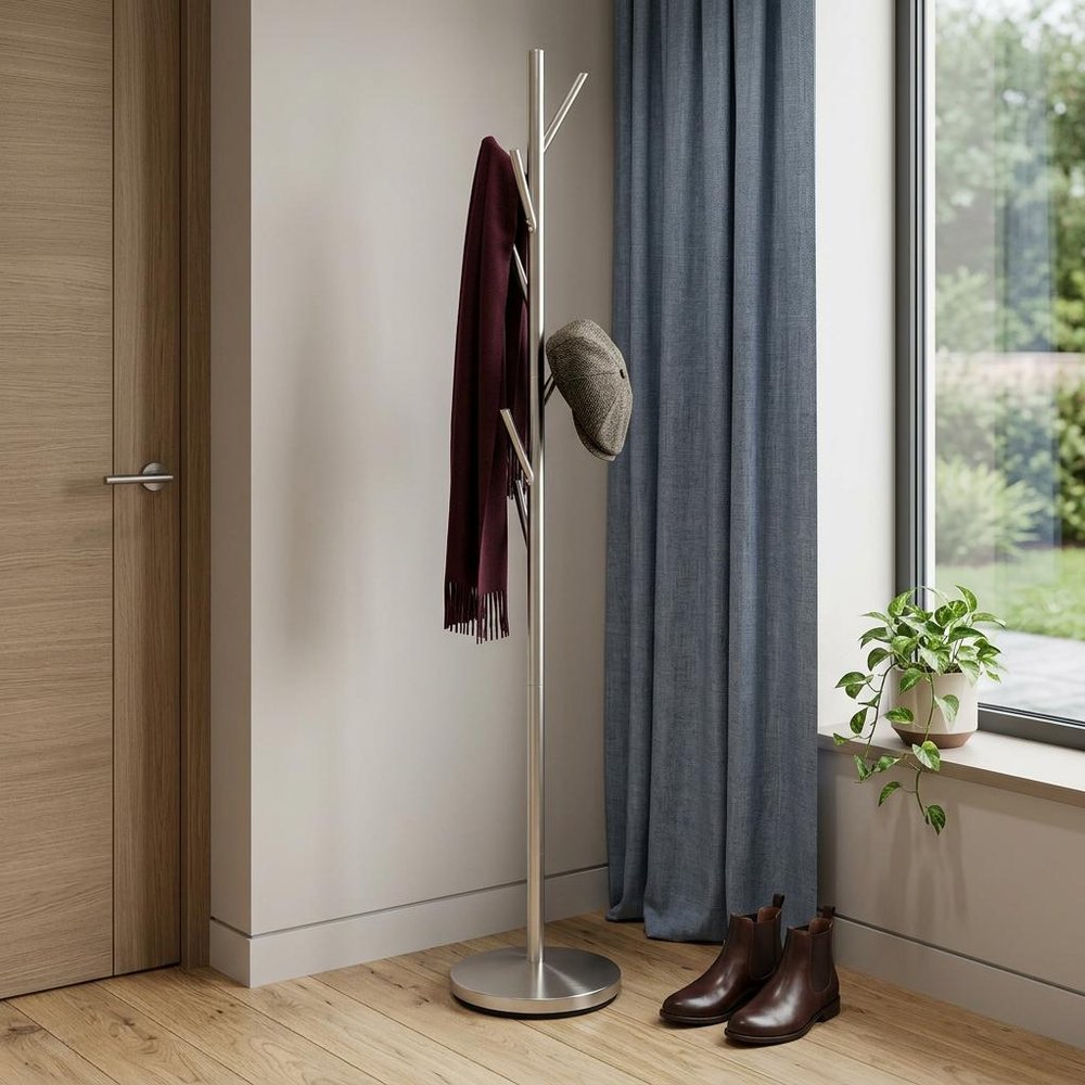 67" Brushed Steel Coat Tree Rack styled in a furnished interior with a light gray wall on a wood floor in silver metal.