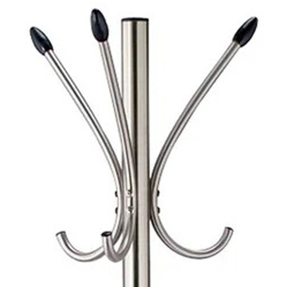 13" X 68" Brushed Steel Brushed Steel Stand Coat Rack. Coat hanger isolated on a plain white background, finished in light gray metal.