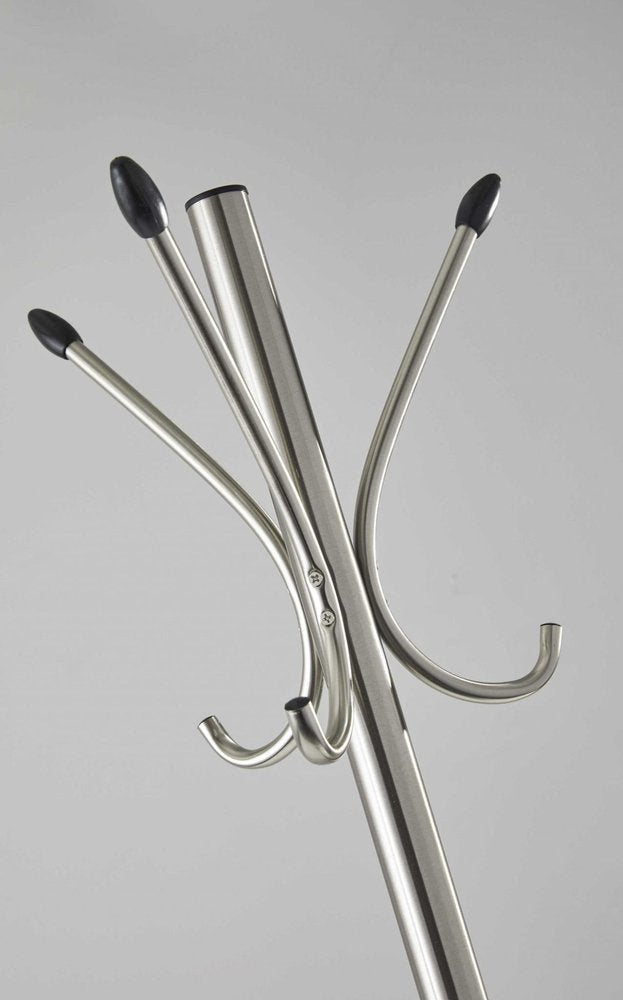13" X 68" Brushed Steel Brushed Steel Stand Coat Rack. Coat hanger isolated on a plain white background, showing a light gray metal surface.