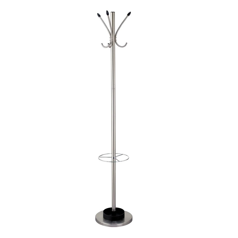 13" X 68" Brushed Steel Brushed Steel Stand Coat Rack. Coat hanger isolated on a plain white background, finished in light gray metal.