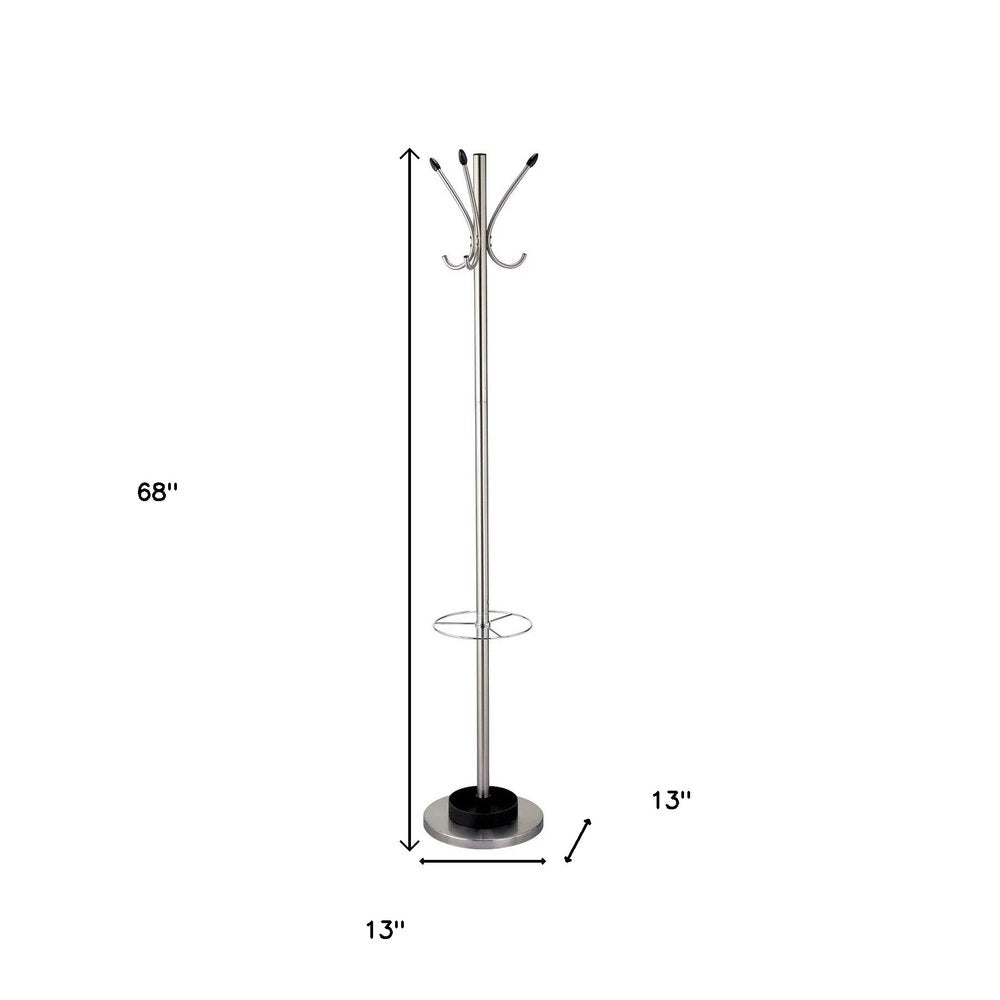 13" X 68" Brushed Steel Brushed Steel Stand Coat Rack. Coat hanger isolated on a plain white background, showing a light gray metal surface.