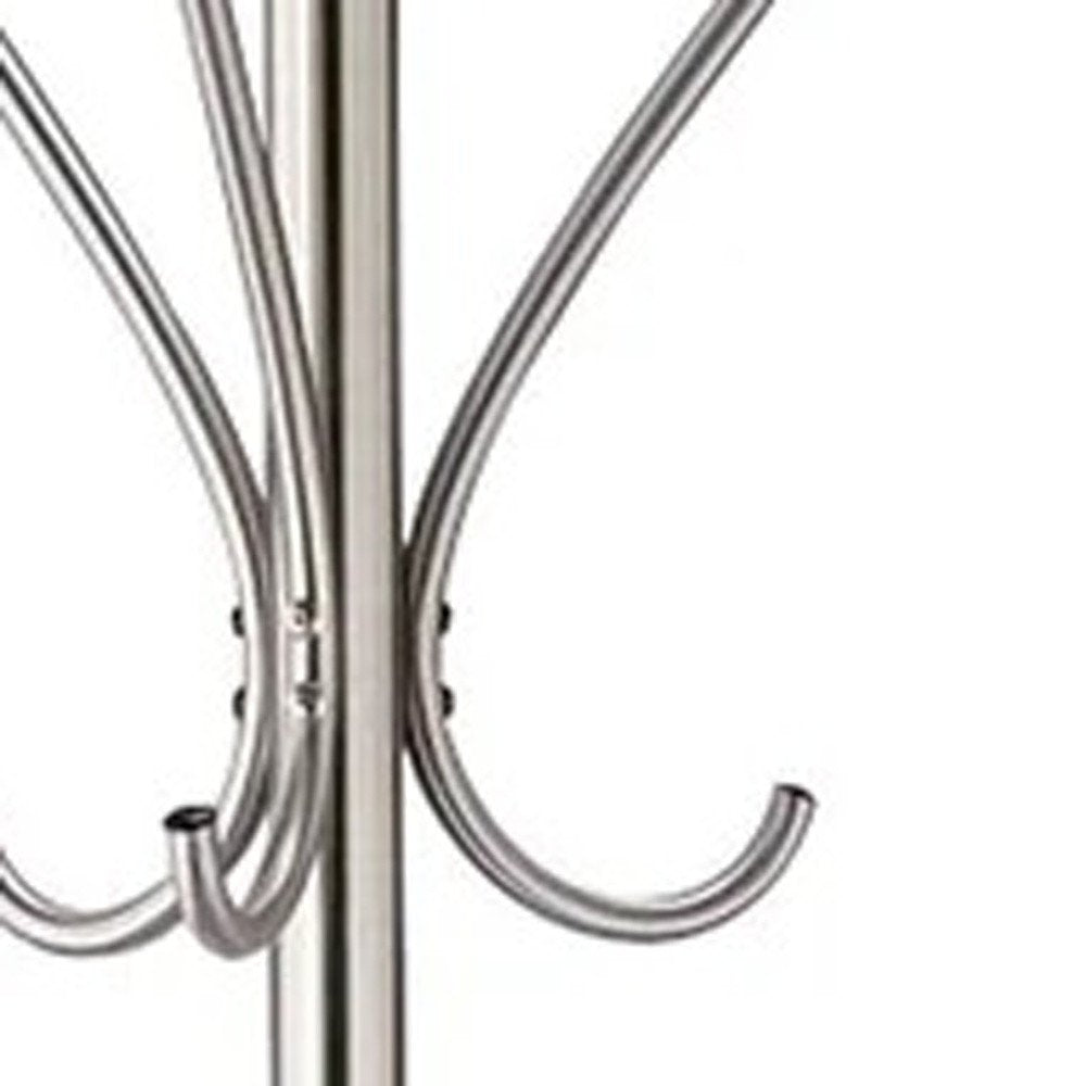 13" X 68" Brushed Steel Brushed Steel Stand Coat Rack. Coat hanger isolated on a plain white background, in a gray metal finish.