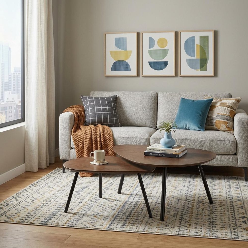 Set of Two Brown And Black Wood And Metal Oval Nested Tables in a home interior