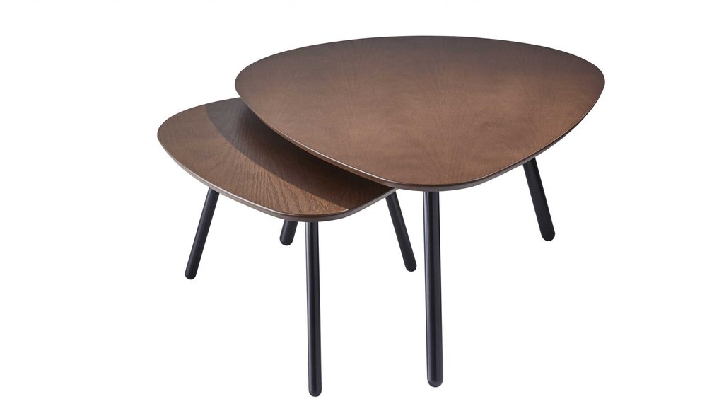 Set of Two Brown And Black Wood And Metal Oval Nested Tables on a white background