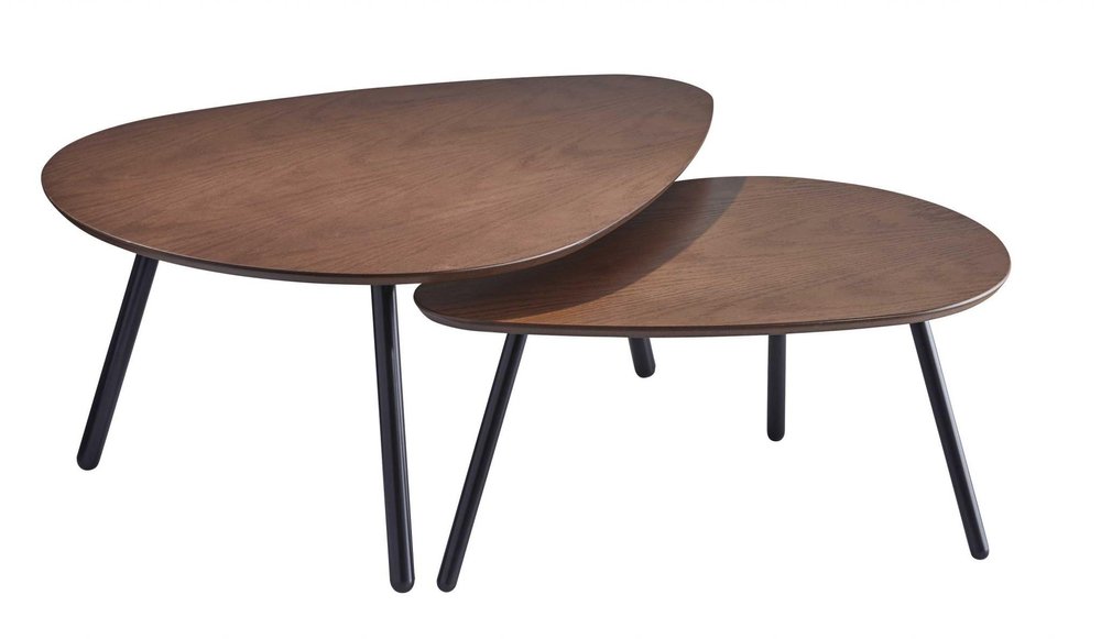 Set of Two Brown And Black Wood And Metal Oval Nested Tables on a white background