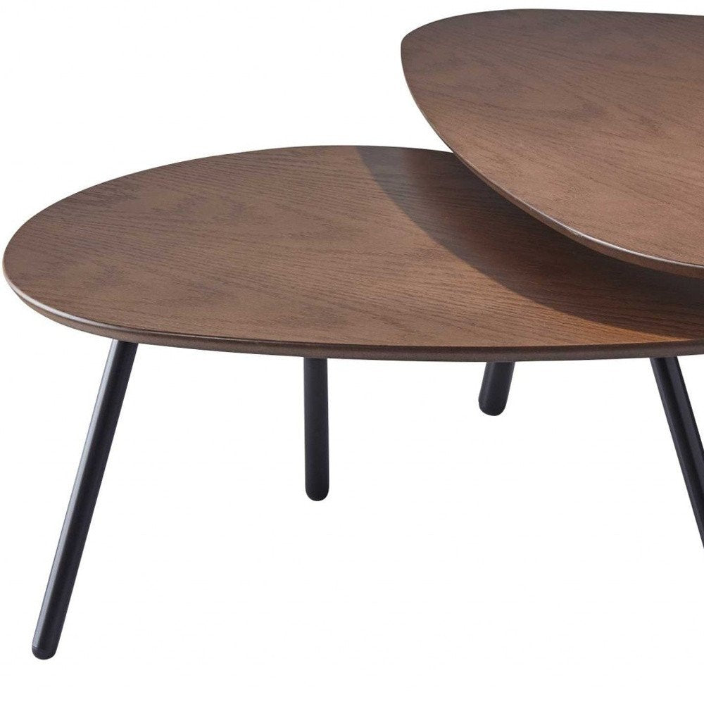 Set of Two Brown And Black Wood And Metal Oval Nested Tables on a white background