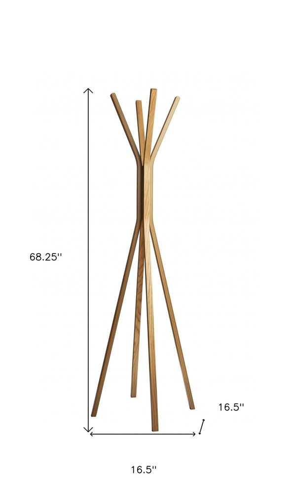 68" Natural Modern Wood Coat Tree Rack on a white background