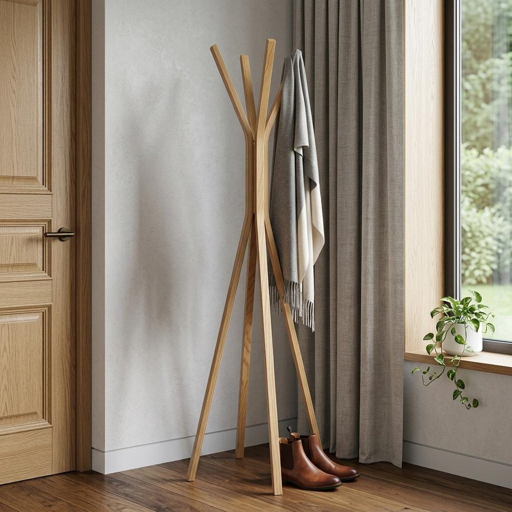 68" Natural Modern Wood Coat Tree Rack styled in a furnished interior with a light gray wall on a dark wood floor in tan wood.