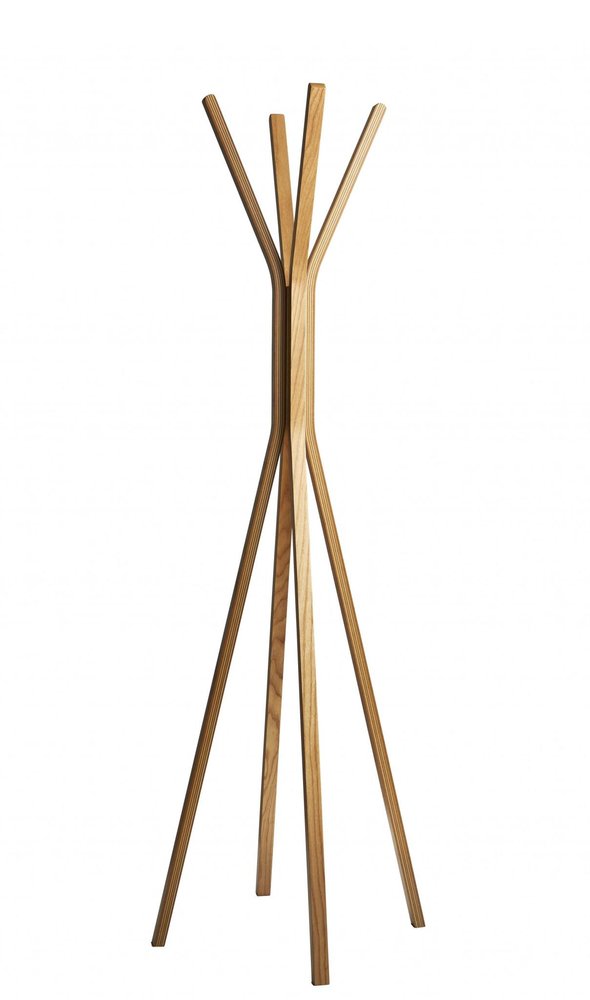 68" Natural Modern Wood Coat Tree Rack. Coat hanger isolated on a plain white background, showing a tan wood surface.