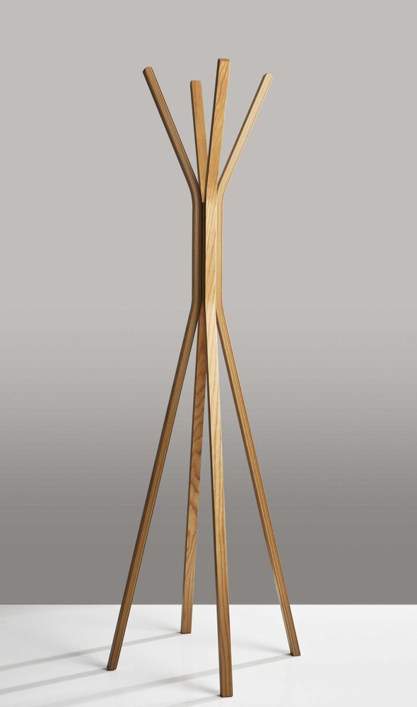 68" Natural Modern Wood Coat Tree Rack. Coat hanger isolated on a plain white background, in a tan wood finish.