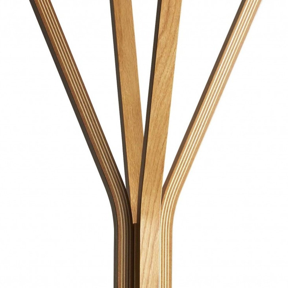 68" Natural Modern Wood Coat Tree Rack. Coat hanger isolated on a plain white background, showing a tan wood surface.