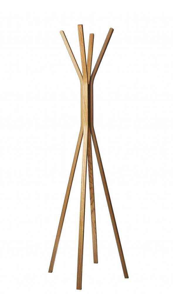 68" Natural Modern Wood Coat Tree Rack. Coat hanger isolated on a plain white background, in a tan wood finish.