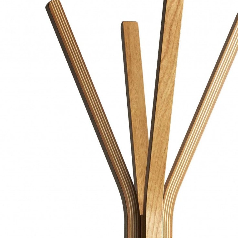 68" Natural Modern Wood Coat Tree Rack. Coat hanger isolated on a plain white background, finished in tan wood.