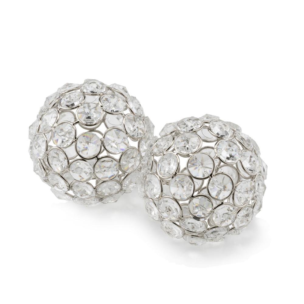 Set of Two Clear And Silver Faux Crystal And Steel Decorative Orb Tabletop Sculptures on a white background