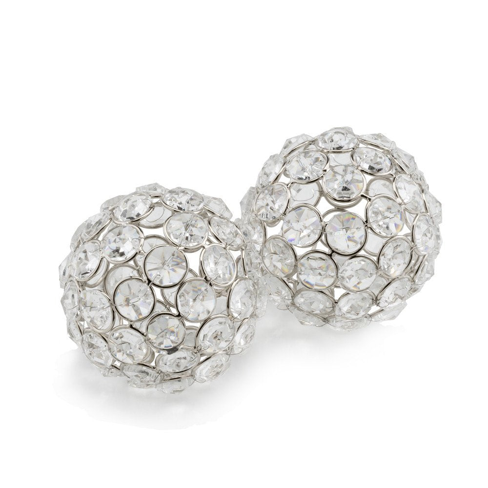 Set of Two Clear And Silver Faux Crystal And Steel Decorative Orb Tabletop Sculptures on a white background